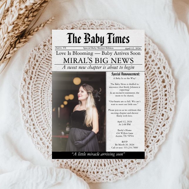 Invitation Newspaper Unique Fun Photo aesthetic Baby Shower (Créateur téléchargé)