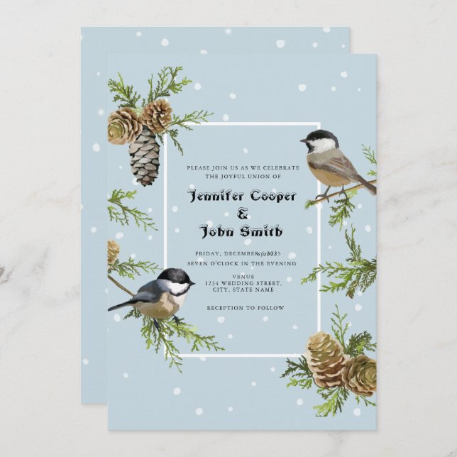 Invitation Nez d'oiseau mignon Pine Cône d'hiver Mariage Invi (Devant / Derrière)