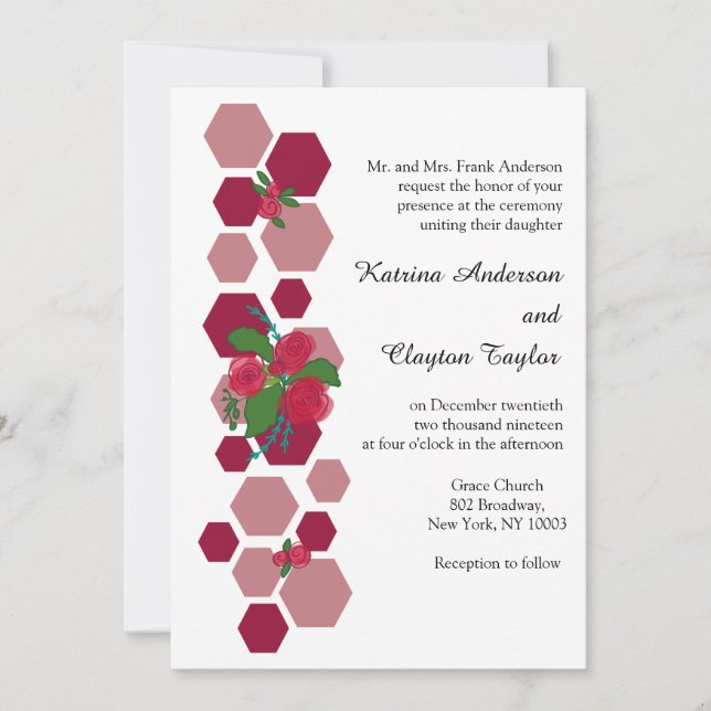 Invitation Nid d'abeille et roses Mariage (Devant)