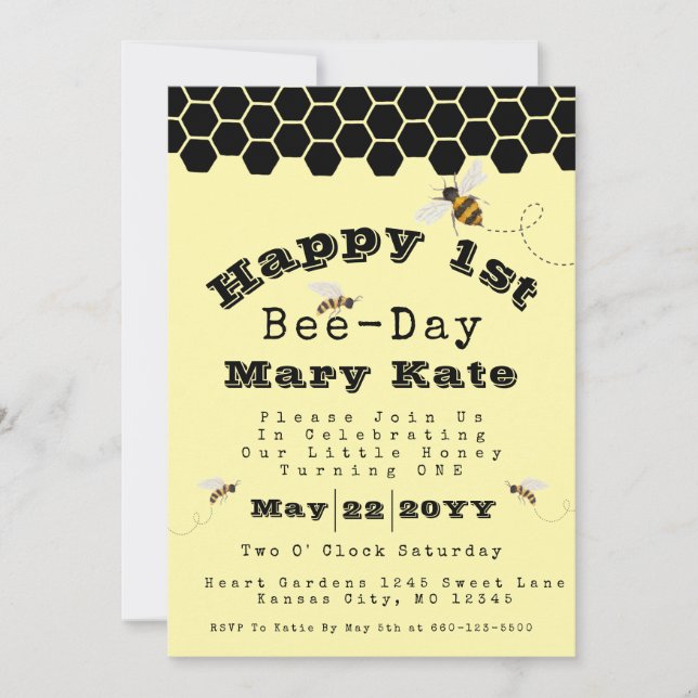 Invitation Nid d'abeille jaune et noir 1er anniversaire abeil (Devant)