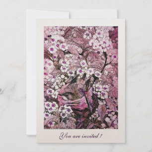 INVITATION NID D'OISEAU, ARBRE AUX FLEURS BLANCHES ROUGES ET 