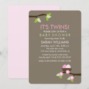Invitation Nid d'oiseau et baby shower jumeau de filles de