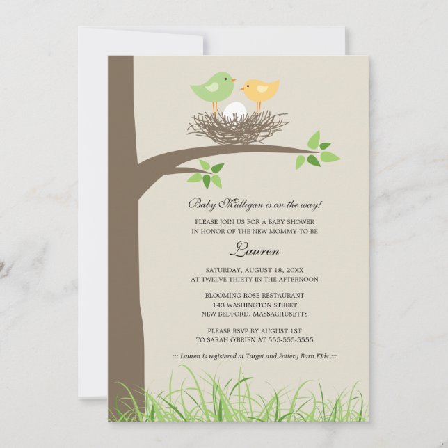 Invitation Nid d'oiseau jaune et vert | BABY SHOWER (Devant)