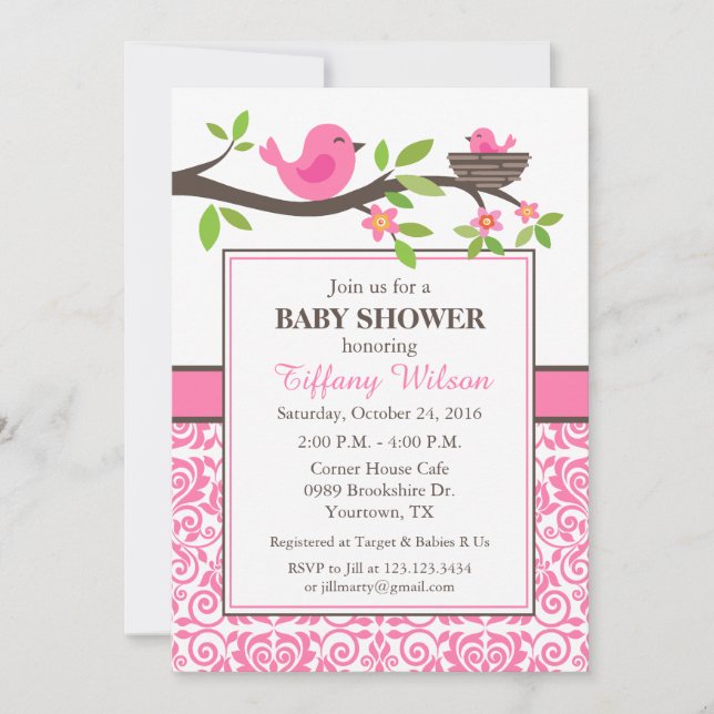 Invitation Nid d'oiseaux Baby Shower en rose (Devant)