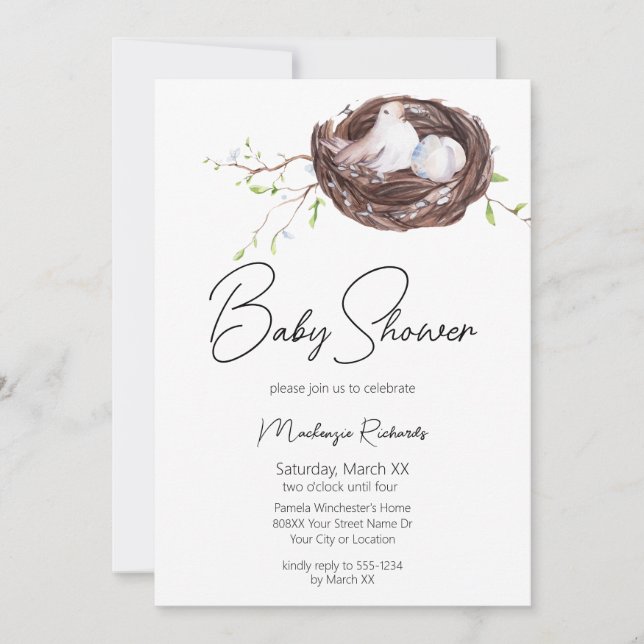 Invitation Nid d'oiseaux d'aquarelle et Baby shower d'oeufs (Devant)