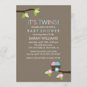 Invitation Nid d'oiseaux et Baby shower jumeaux en fleurs