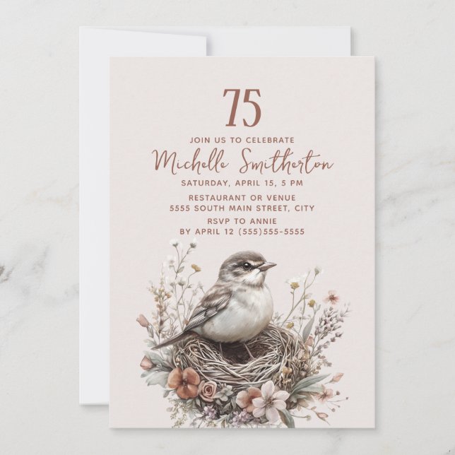 Invitation Nid d'oiseaux Terracotta rose 75e anniversaire (Devant)