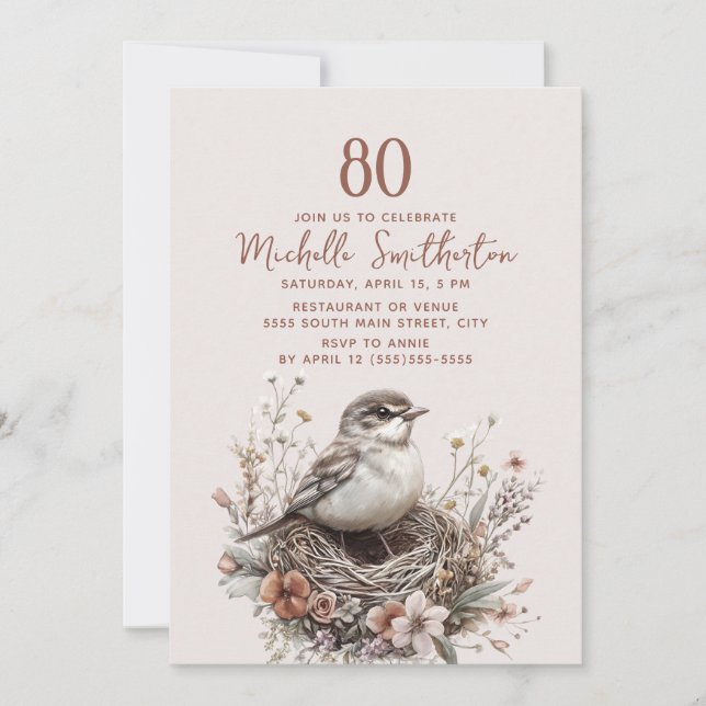 Invitation Nid d'oiseaux Terracotta rose 80e anniversaire (Devant)
