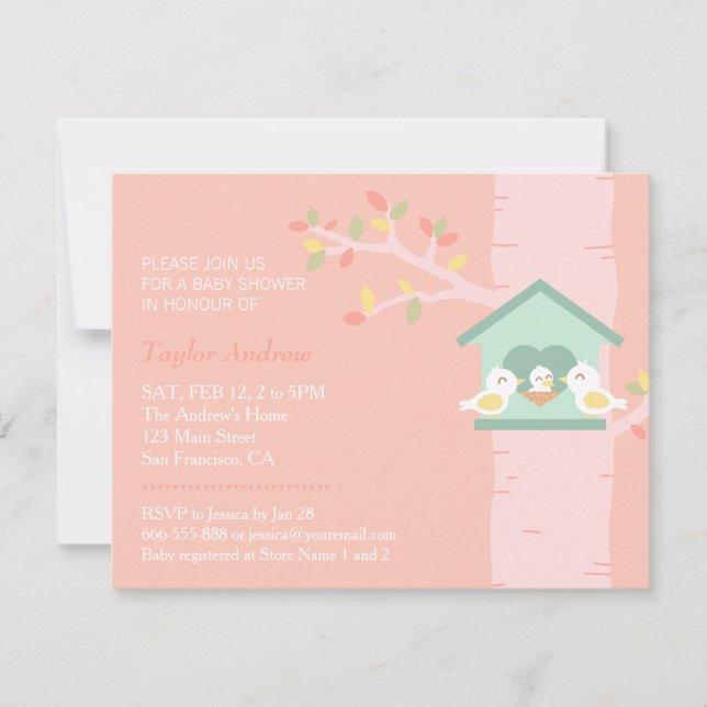 Invitation Nid Douillet de Maison d'Oiseau Printemps Rose Béb (Devant)
