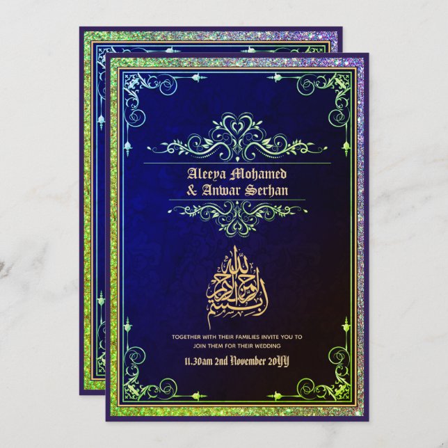 Invitation NIKAH - Mariage islamique Calligraphie Blue Gold (Devant / Derrière)
