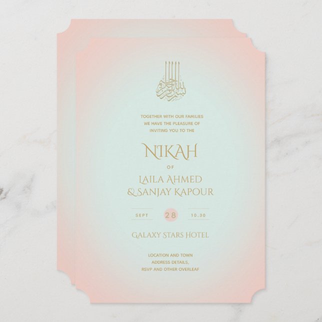 Invitation NIKAH - Ornat Islam Gold Blush rose Mariage Inv (Devant / Derrière)
