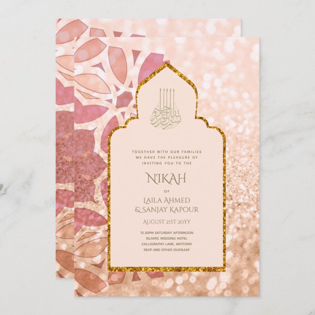 Invitation NIKAH - Ornate Rosegold Mariage rose or Invitati (Devant / Derrière)