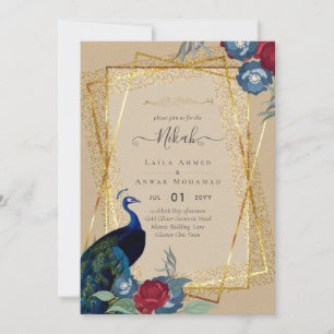 Invitation NIKAH Peacock Floral Gold Frame Mariage islamique