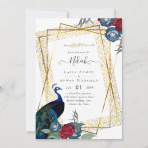 Invitation NIKAH Peacock Floral Gold Frame Mariage islamique 
