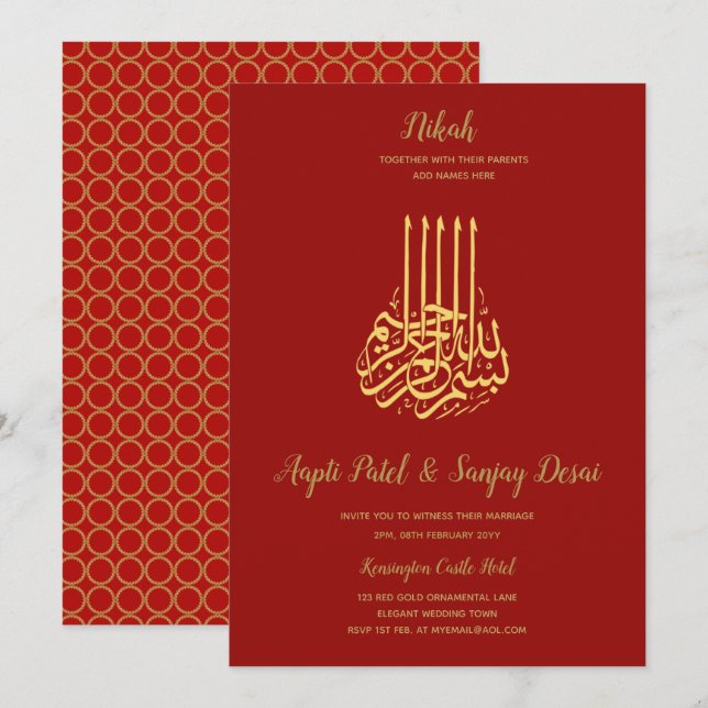 Invitation Nikah - Red Gold Islam Motif Mariage Invite (Devant / Derrière)