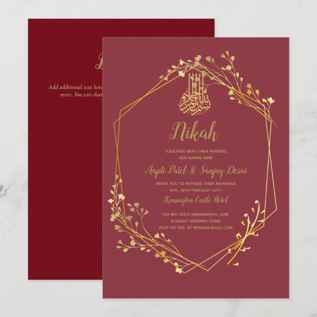Invitation Nikah - Red Gold Islam Motif Mariage Invite (Devant / Derrière)