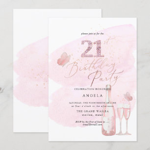 Invitation N'importe quel âge, Aquarelle rose Champagne 21e
