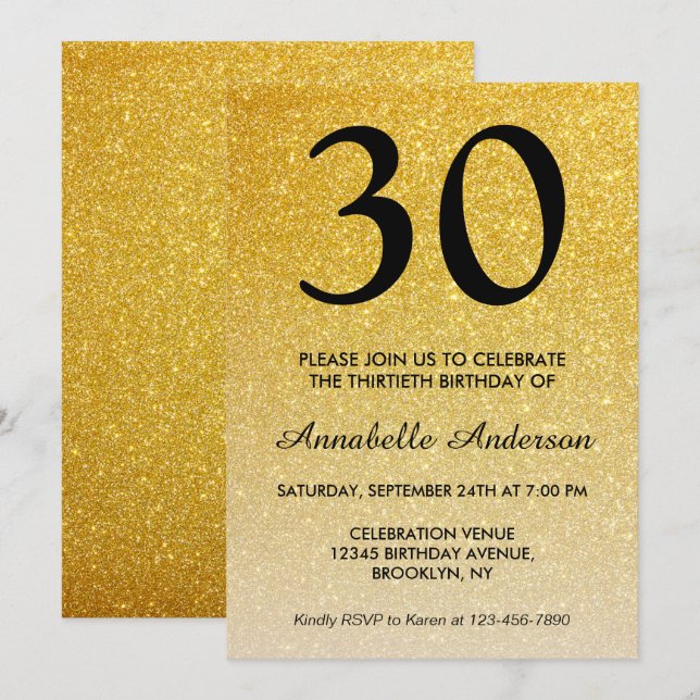 Invitation N'importe quel âge Black Gold Parties scintillant  (Devant / Derrière)