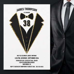 Invitation N'importe quel âge Black Gold Tuxedo fête d'annive