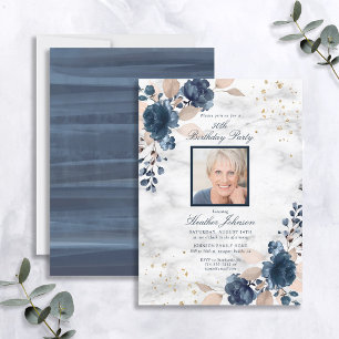 Invitation N'importe quel âge Blue Gold Floral Marbre photo A
