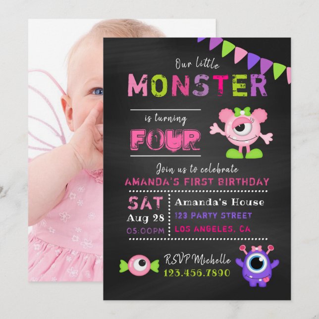 Invitation N'importe quel âge Chalkboard Petit Monster Fille  (Devant / Derrière)