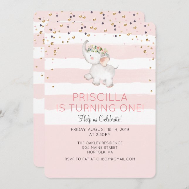 Invitation N'IMPORTE QUEL ÂGE - Eléphante Fille Anniversaire  (Devant / Derrière)