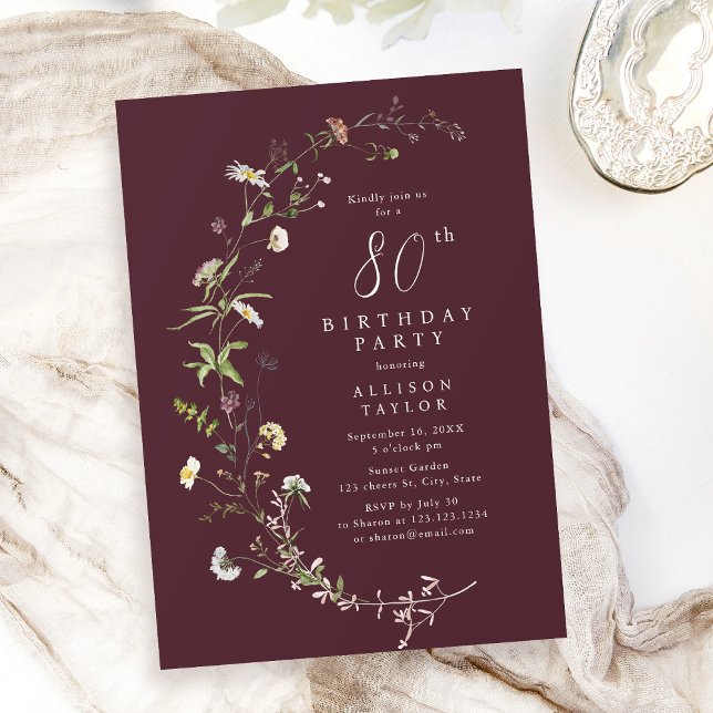 Invitation N'importe quel âge Fleur sauvage Bourgogne Boho 80 (Any Age Burgundy Wildflower Boho 80th Birthday Invitation)