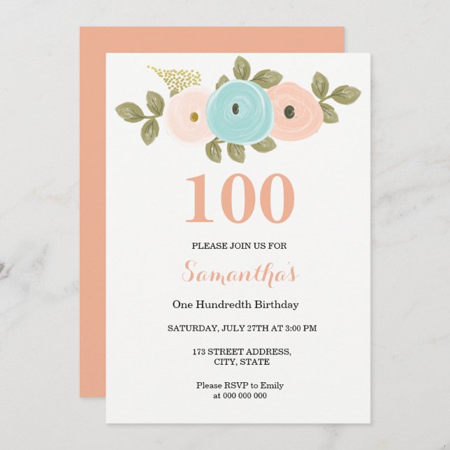 Invitation N'importe quel âge Floral Joli Peach 100e annivers (Devant / Derrière)