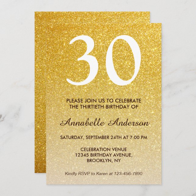 Invitation N'importe quel âge Glam Jaune or Parties scintilla (Devant / Derrière)