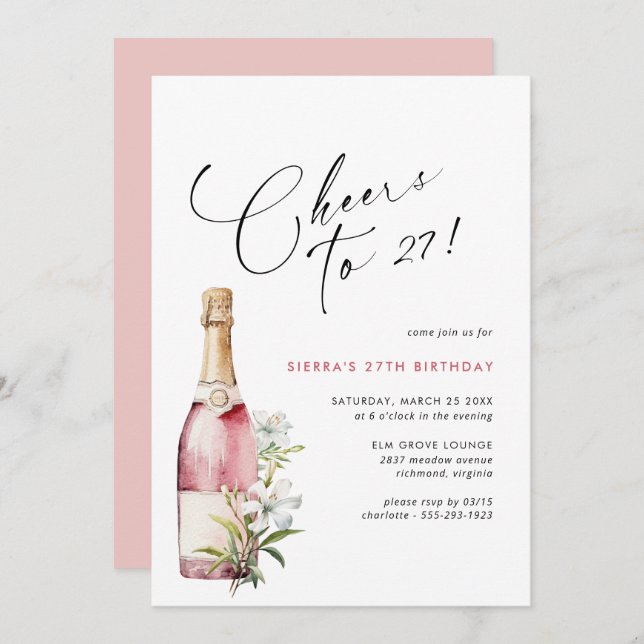 Invitation N'importe quel âge | Joyeux Champagne rose ou vin  (Devant / Derrière)