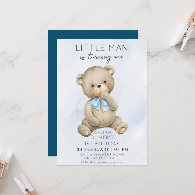 Invitation N'importe quel âge l'ours en peluche garçon annive (Devant/Arrière en situation)