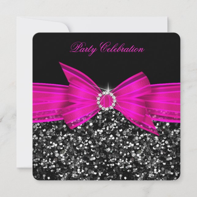 Invitation N'importe quel âge Luxe Paillettes Rose Chaud Nœud (Devant)