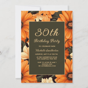Invitation N'importe quel âge Orange Fleurs Brown 30e anniver