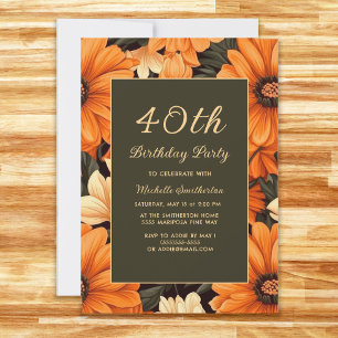 Invitation N'importe quel âge Orange Fleurs Brown 40e anniver