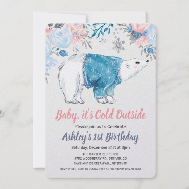 Invitation N'IMPORTE QUEL ÂGE - Ours polaire Floral Invitatio (Devant)