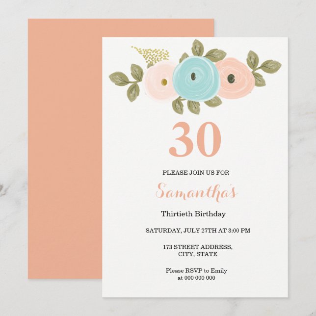 Invitation N'importe quel âge Pêche florale 30e anniversaire  (Devant / Derrière)