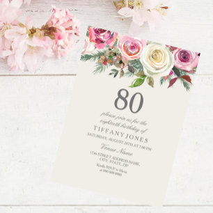 Invitation N'importe quel âge Rose blanche Floral 80e anniver