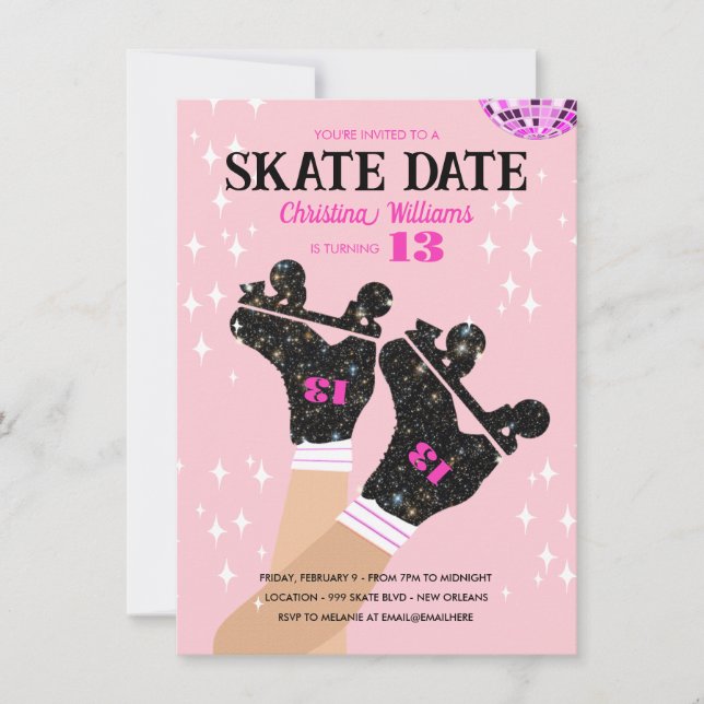 Invitation N'Importe Quel Age Rose Disco Roller Patinage Anni (Devant)