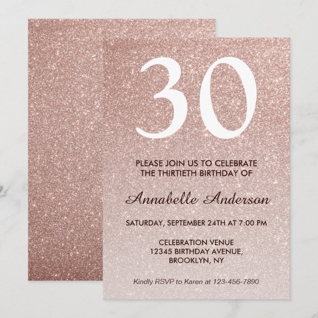 Invitation N'importe quel âge Rose Rose Rose Gold Parties sci (Devant / Derrière)