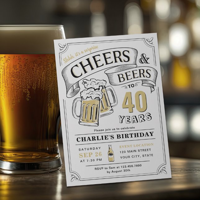 Invitation N'Importe Quel Âge Salutations Et Bières Surprise  (Any Age Cheers And Beers Surprise Birthday Invitation)