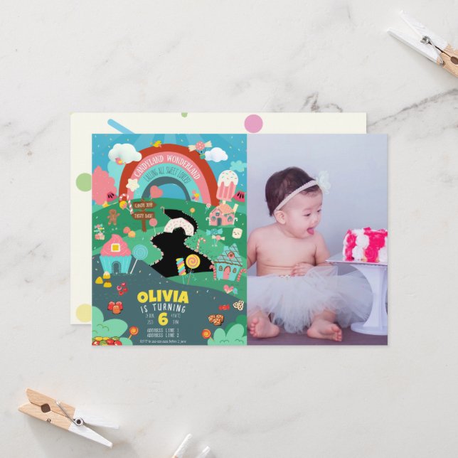 Invitation N'importe quel âge, thème Candy photo anniversaire (Devant/Arrière en situation)