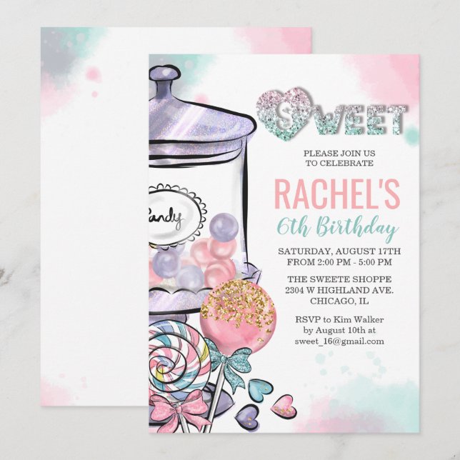 Invitation N'IMPORTE QUEL ÂGE - Thème de bonbons Anniversaire (Devant / Derrière)