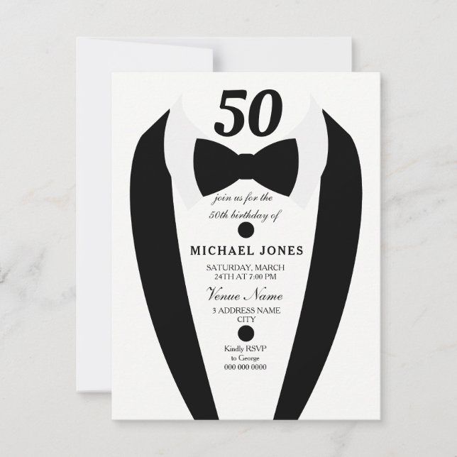Invitation N'importe quel âge Tuxedo Mens 50e anniversaire In (Devant)
