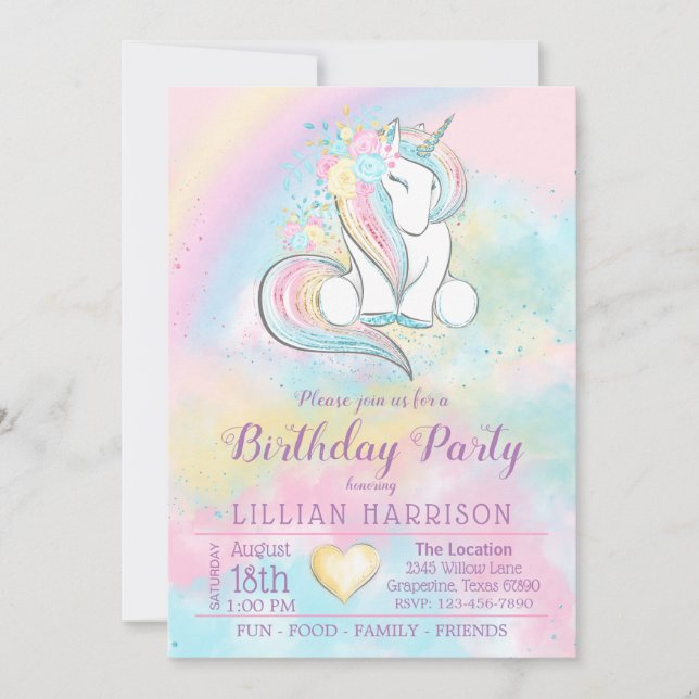 Invitation N'importe quel nombre Unicorn Rainbow Anniversaire (Devant)