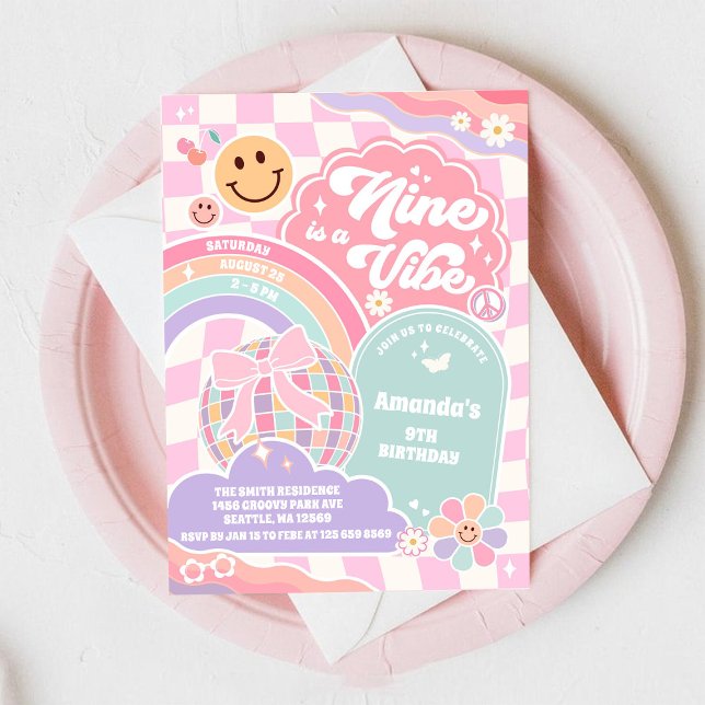 Invitation Nine Is A Vibe Groovy Rainbow Disco 9th Birthday  (Créateur téléchargé)