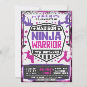 Invitation Ninja Athletic Warrior rose violet fête d'annivers