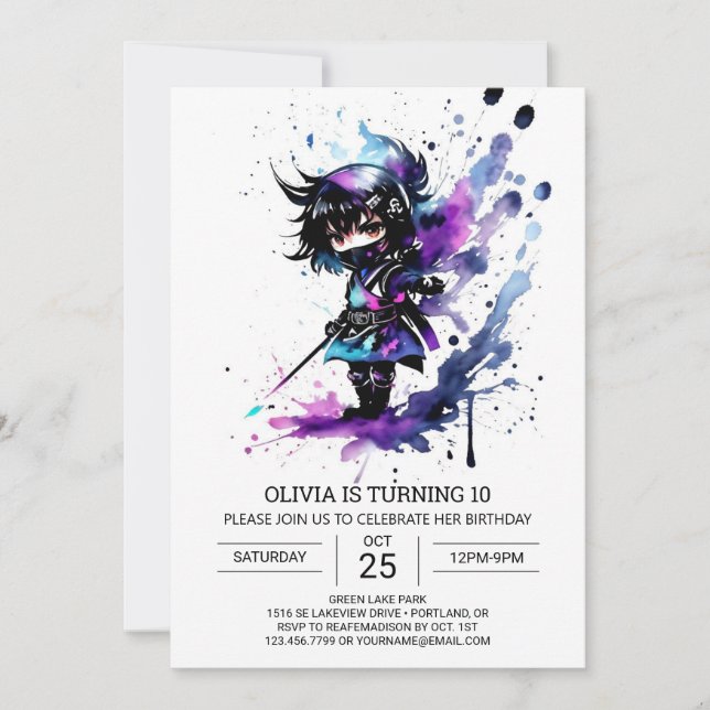 Invitation Ninja Girl Anniversaire moderne (Devant)
