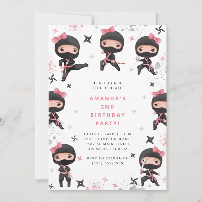 Invitation Ninja Girl Birthday Invitation, Cute Pink Karate (Devant)
