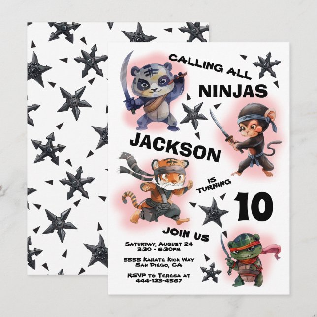 Invitation Ninja Guerrier Animaux fête d'anniversaire (Devant / Derrière)