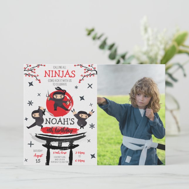 Invitation Ninja Guerrier Arts Martiaux Photo Anniversaire (Debout devant)